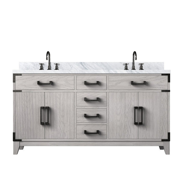 English Elm White Oak Double Bath Vanity With Carrara Marble Top, Chrome Faucet & Ample Storage Space B2731P259870-GIGA