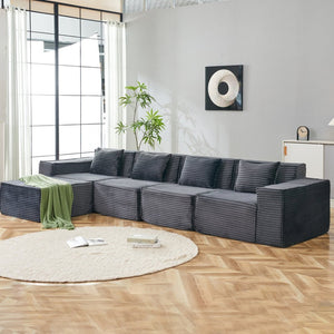 English Elm L-shaped Modular Sectional with Ottoman Corduroy Upholstery Four Seat Living Room Sofa Dark Gray W2699S00092