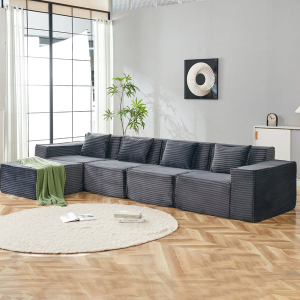 English Elm L-shaped Modular Sectional with Ottoman Corduroy Upholstery Four Seat Living Room Sofa Dark Gray W2699S00092