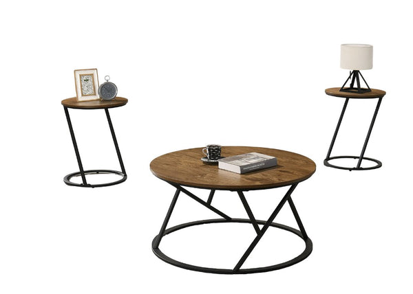 English Elm Natural Rustic 3pc Table Set with Chain Metal Accents, Two-Tier Storage Coffee & End Tables, Warm Wood Finish Natural 43 L x 39 W x 8 H B2741P392073