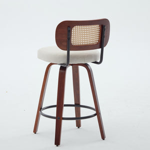 English Elm Set of 2 Swivel Counter Stools Walnut Frame Rattan Back Linen Seat Kitchen Island Beige W1143P392163