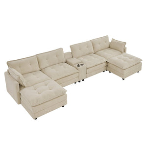 English Elm 154" Corduroy U-shaped Sectional with Ottomans Six Seat Modular Cloud Sofa Usb Console Beige W1998S00101