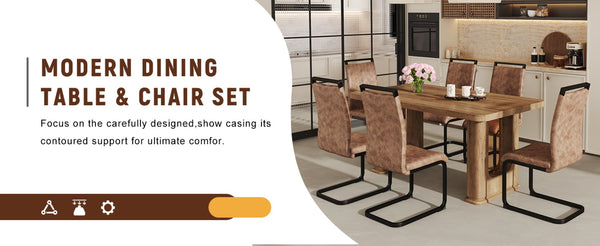 English Elm Table And Chair Set - Modern 64.5" Wood-Textured Dining Table With 6 Stylish Brown Chairs Included W1151S03585-GIGA