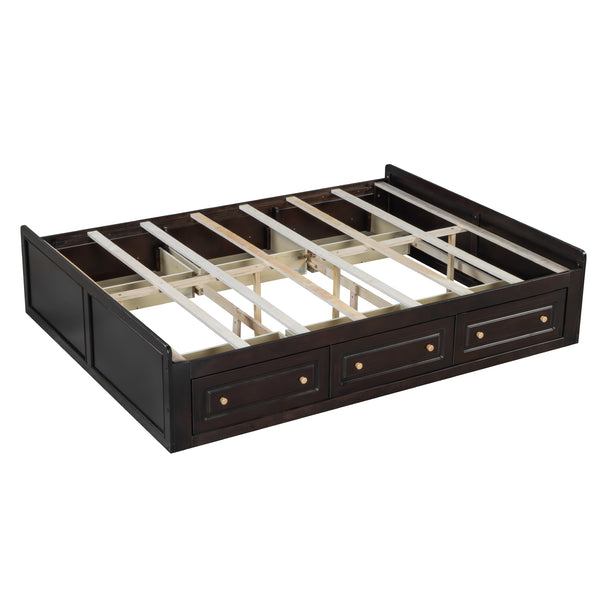 English Elm Wood Queen Size Platform Bed Frame with 6 Drawers for Storage, Sturdy Pine/MDF Slat System, 500lb Capacity Espresso N709P241723P