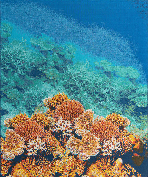 Unique Loom Outdoor Coastal Ariel Machine Made Border Rug Multi, Ivory/Navy Blue/Red/Turquoise/Orange/Brown/Blue 10' 0" x 12' 2"