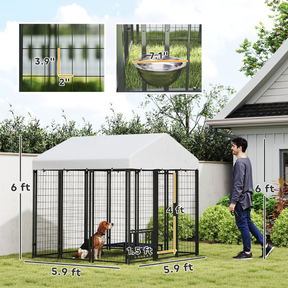 English Elm Outdoor Large Breed Dog Kennel with Uv Roof Rotating Bowls and Powder Coated Steel Frame T3971P406336