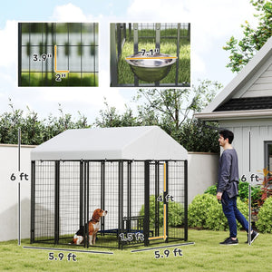 English Elm Outdoor Large Breed Dog Kennel with Uv Roof Rotating Bowls and Powder Coated Steel Frame T3971P406336