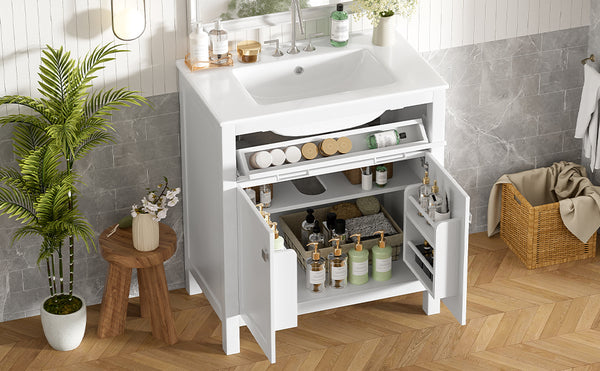English Elm 30-inch Modern Bathroom Vanity with Ceramic Sink, Gold Accents, Solid Wood Frame, Soft-Close Doors and Ample Storage White WF324045AAK