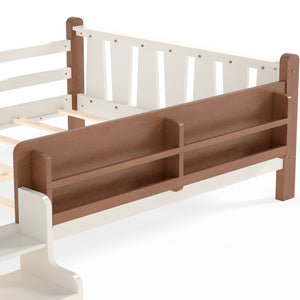 English Elm Twin Pine Floor Bed for Kids with Side Bookcases Built-in Stairs and Safety Guardrails Beige W1580P390220