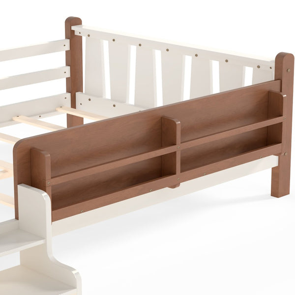 English Elm Twin Pine Floor Bed for Kids with Side Bookcases Built-in Stairs and Safety Guardrails Beige W1580P390220
