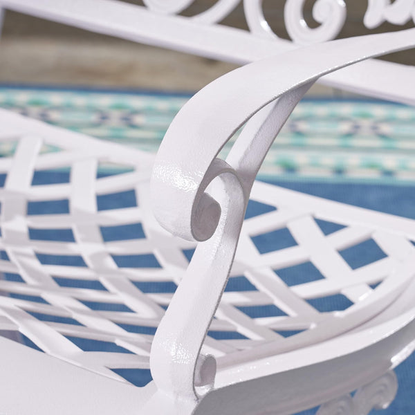 English Elm Christopher Knight Home® - Dieter White 4-Person Cast Aluminum Patio Dining Set with Lattice Scrollwork Table & Umbrella Hole 54589.00WHI-4_54588.00WHI