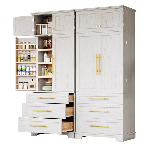 English Elm K&k Farmhouse Pantry Cabinet Tall Freestanding Kitchen Storage with Drawers Shelves White N707P356569W