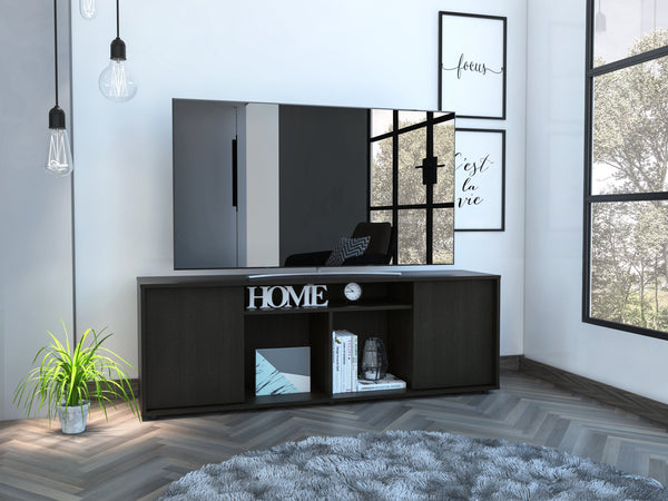 English Elm Redding Black Laminate TV Stand for Up to 65" TVs — Modern Storage, 3 Open Shelves & 2 Doors B128P148970