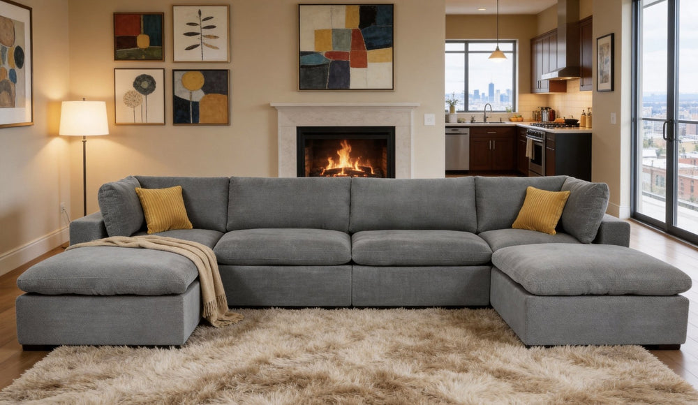 English Elm Modular Cloud Sectional Sofa Deep Seat U-shape Design for Large Living Rooms Light Grey W5568S00007