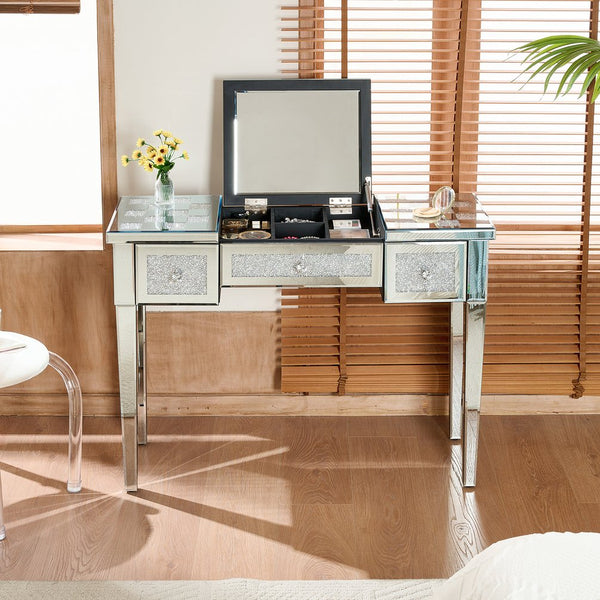 English Elm Mirrored Checkerboard Vanity Desk with Cushioned Diamond Inlay & Crystal Ball Handles, 45.5"L N844P304363S