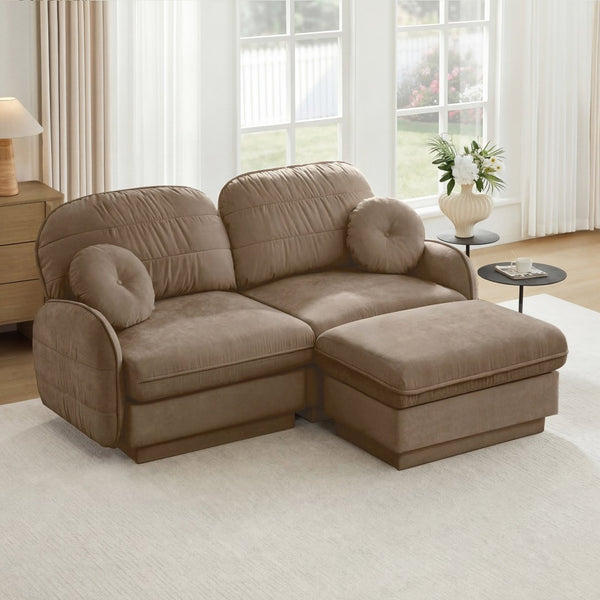 English Elm Chenille Cloud Modular Loveseat with Deep Foam Cushions Quilted Back and Ottoman Light Coffee W714S01757