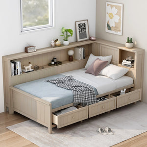 English Elm Twin Wood Daybed with 3 Drawers & Open Shelves, Antique White Milk Finish — Storage, Classic Charm, Twin Size Craftsmanship GX002213AAK