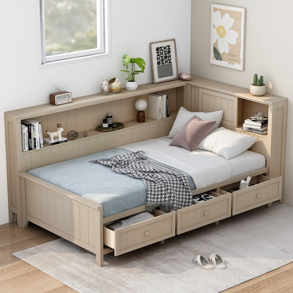 English Elm Twin Wood Daybed with 3 Drawers & Open Shelves, Antique White Milk Finish — Storage, Classic Charm, Twin Size Craftsmanship GX002213AAK