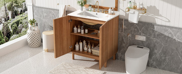 English Elm 29.9-inch Transitional Bathroom Vanity with Ceramic Sink Soft-close Doors Wood Legs N729P339777O