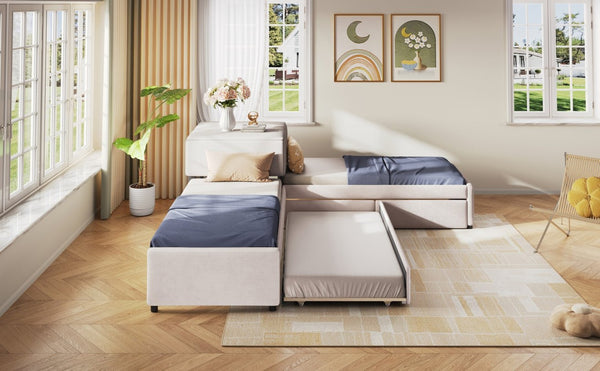 English Elm L-shaped Twin Platform Bed Set with Trundle Drawers and Center Table in Beige Linen GX000531AAA