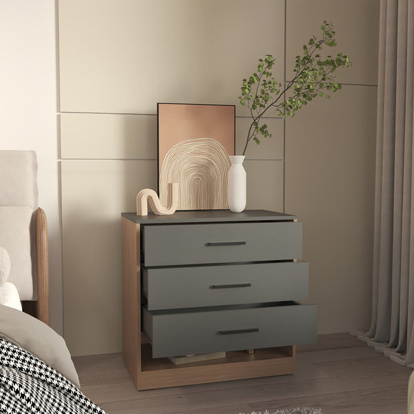 English Elm Dresser, Matte Gray 3-Drawer Chest with Open Shelf, Compact Engineered Wood, Modern Oak Accents B097P296804