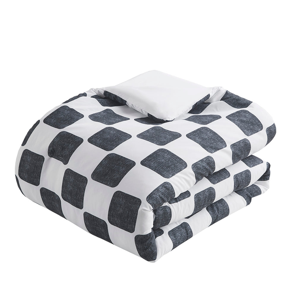 JLA Home Intelligent Design - Checkered textured black-and-white comforter set with embroidered pillows, hypoallergenic, antimicrobial, machine washable 90 L x 90 W x 1H ID10-2321