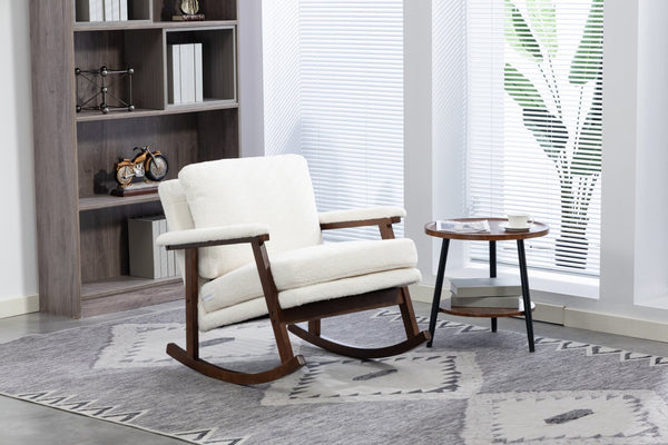 English Elm Mid Century Modern Rocking Chair Solid Wood Frame Upholstered Seat with Lumbar Cushion Antique White W2530P418996