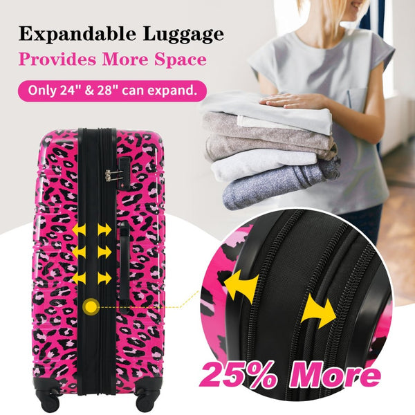 English Elm Hardshell Polycarbonate Luggage Set Three Piece Spinner Suitcases with Tsa Lock Hot Pink Leopard N732P218227H