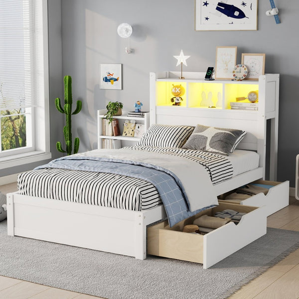 English Elm Twin Wood Storage Bed with Led Headboard Drawers and Pull Out Cabinet for Kids White W2593S00048