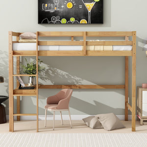 English Elm Twin High Loft Bed with Built-In Desk and Ladder — Space-Saving Rubberwood Study & Sleep Solution White Oak W504P206980