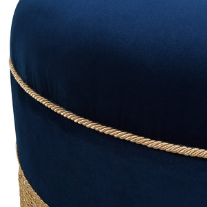 English Elm Yolanda 24" Round Upholstered Accent Ottoman, Navy Blue Velvet With Gold Trim