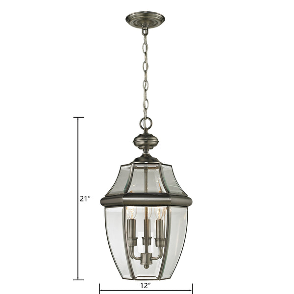 Thomas Lighting Ashford 3 Light Outdoor Pendant Lantern with Beveled Glass Cage Antique Porch Entry Nickel 8603EH/80