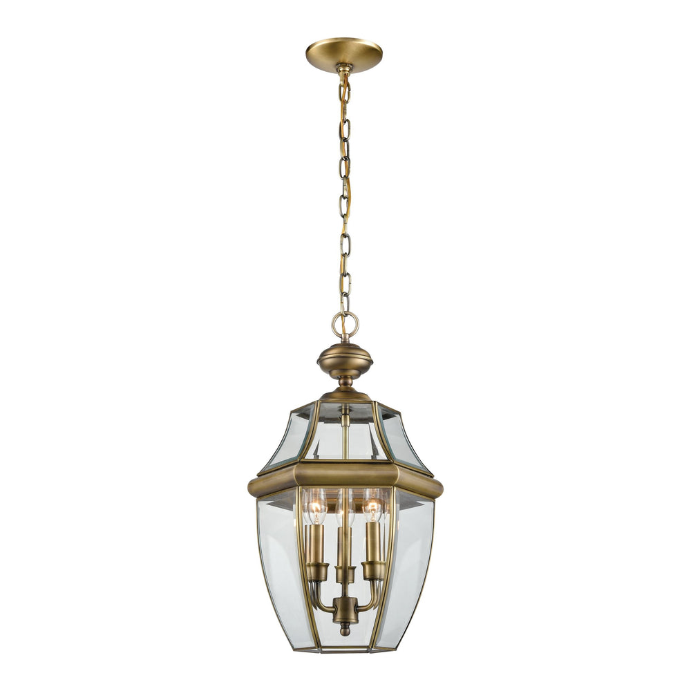 Thomas Lighting Ashford 3 Light Outdoor Pendant Lantern with Beveled Glass Cage Antique Porch Entry Brass 8603EH/89