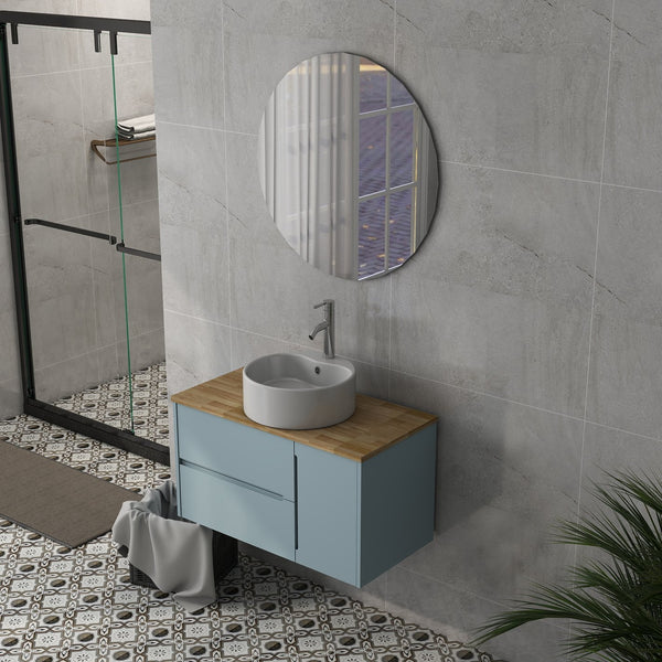 English Elm 36-Inch Modern Minimalist Wall-Mounted Bathroom Vanity With Blue Cabinet & Natural Wood Top Design W3151S00008