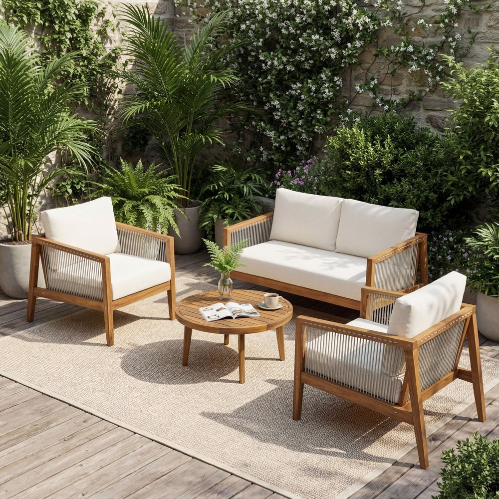 English Elm Outdoor Acacia Wood 4 Piece Conversation Set with Woven Rope Back Teak Resort Style N768P408130T_2_N768P408131T