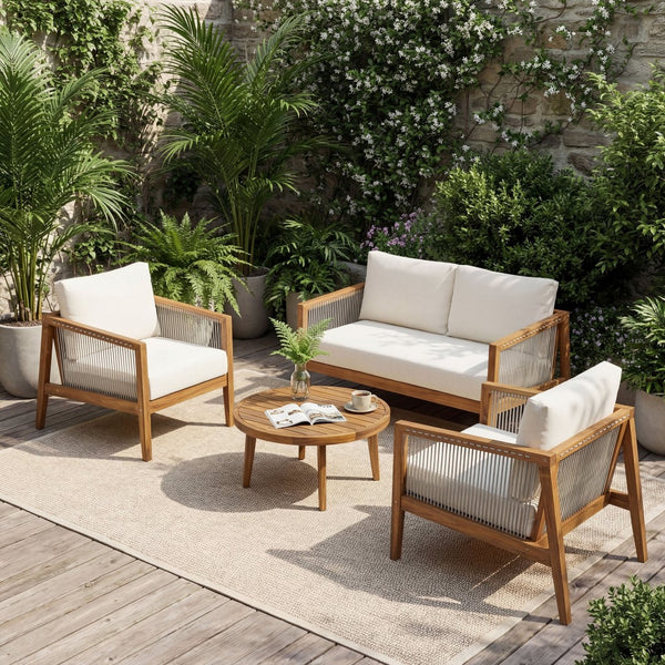 English Elm Outdoor Acacia Wood 4 Piece Conversation Set with Woven Rope Back Teak Resort Style N768P408130T_2_N768P408131T