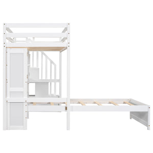 English Elm Twin Over Twin Loft Bed with Built-In Desk, Stairs, Shelving and Storage Headboard for Space-Saving Rooms White GX000465AAK