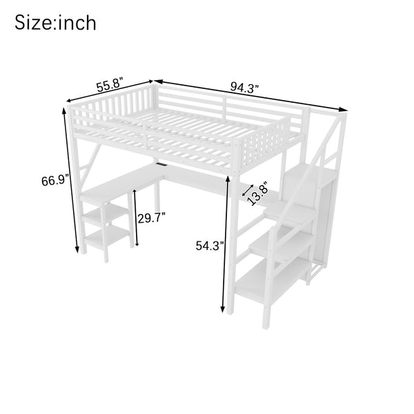 English Elm Metal Full Loft Bed with L Shaped Desk Wardrobe Rgb Lighting and Usb Charging White W2593S00054