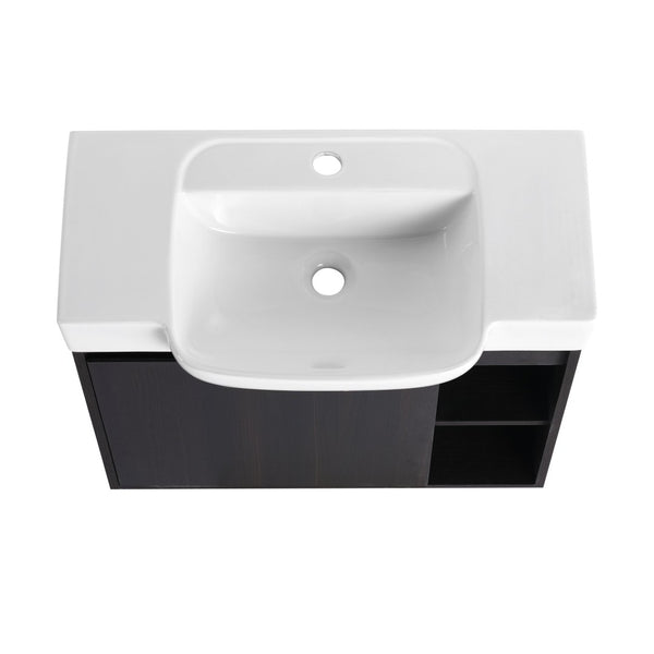 English Elm 28'' Floating Bathroom Vanity with Ceramic Sink Soft Close Door Melamine Cabinet Dark Oak W999P426640