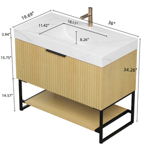 English Elm YOLAN 36" Bathroom Vanity with Integrated Solid Surface Basin, Pre-Assembled Plywood Cabinet, Soft-Close Drawer and Open Towel Shelf Black,Carrara White,Golden Oak,White W2615S00363