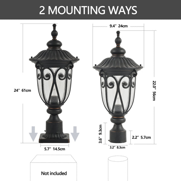English Elm 24"(H) Vintage Black Outdoor Post Lantern with Bubble Glass, Rust-Resistant Aluminum, E26 Compatible Lighting Elegance for Pathway Patio Garden (Bulb Not Included) W1340P239409
