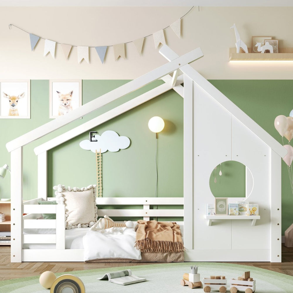 English Elm Twin House Bed Low Profile Pine Wood Frame with Shelf Montessori Kids Floor Sleeping White W5305P429642