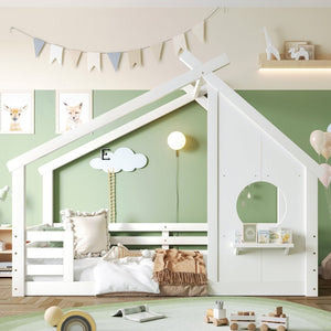 English Elm Twin House Bed Low Profile Pine Wood Frame with Shelf Montessori Kids Floor Sleeping White W5305P429642