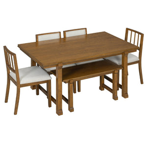 English Elm Trexm Farmhouse Dining Set Seats Six Oak Veneer Table Mixed Chairs Bench Included Beige,Walnut ST000156AAD