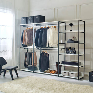 English Elm Fiona White 111" Freestanding 3-Tower Walk-In Closet System – 7 Shelves, Eco Wood + Powder Frame B040S00088