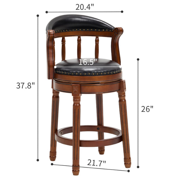 English Elm Seat 26" Cow Top Leather Swivel Bar Stool With Back - Rustic Wooden Chair For Kitchen & Dining W2195P331496-GIGA