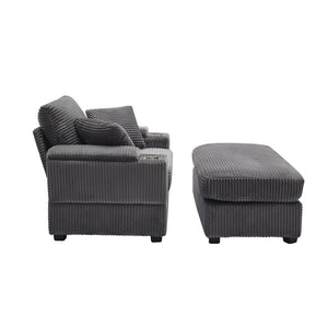 English Elm Corduroy Chaise Lounge Sofa With Storage, Movable Ottoman & Cupholders For Relaxation W2120S00004-GIGA