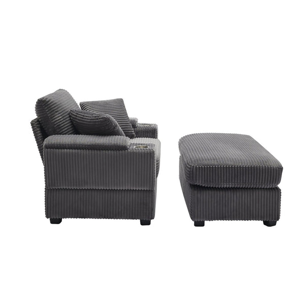 English Elm Corduroy Chaise Lounge Sofa With Storage, Movable Ottoman & Cupholders For Relaxation W2120S00004-GIGA