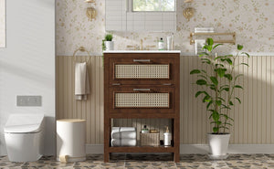 English Elm 24" Rattan Front Bathroom Vanity with Ceramic Sink Deep Drawer Storage Mdf Cabinet Dark Brown N710P293990P