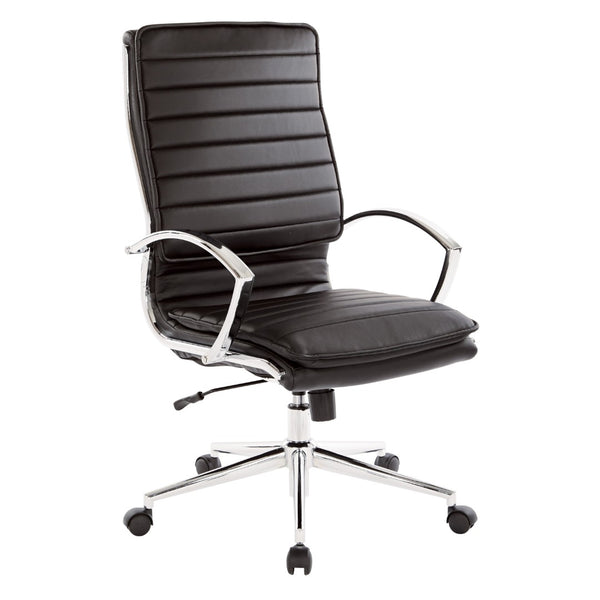 OSP Home Furnishings High Back Executive Office Chair with Faux Leather Upholstery Lumbar Support Chrome Arms Black SPX23590C-U6
